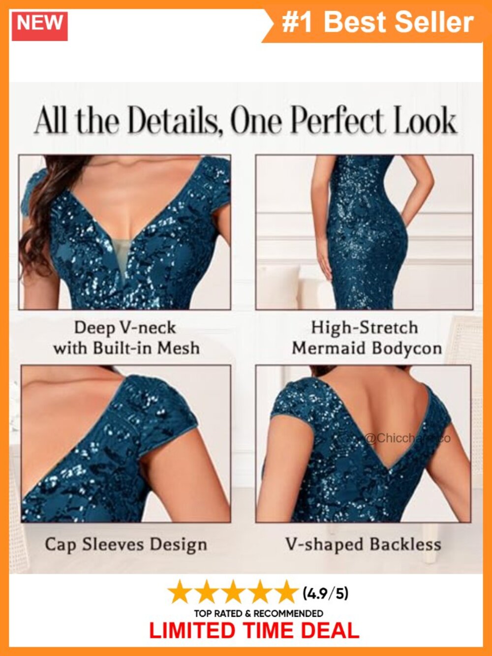 Mermaid Maxi Dress Embroidered Sequin V-Neck Cap Sleeve Formal Gown - Picture 4 of 6